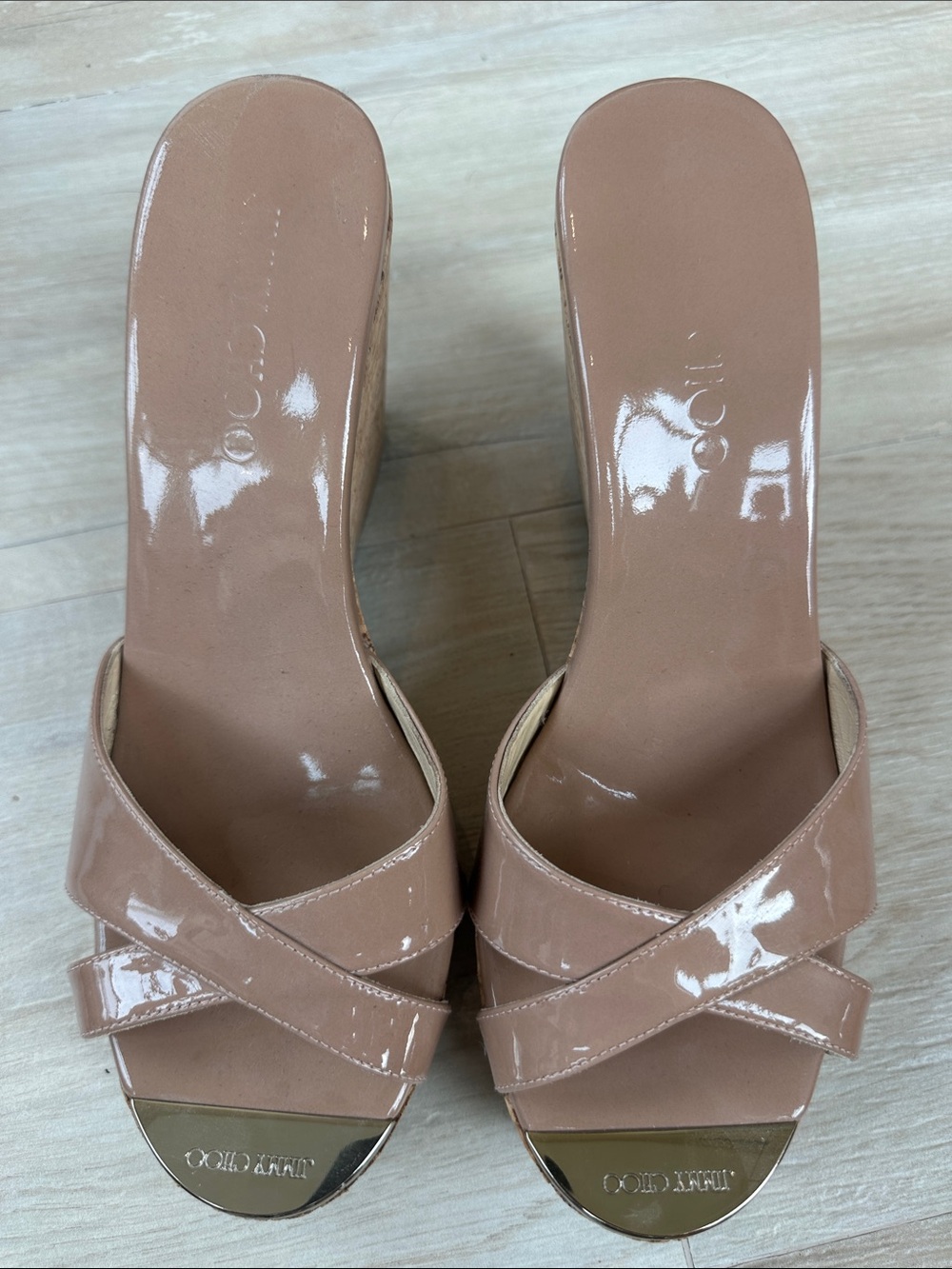 Jimmy Choo Blush Patent Leather Slip-On Mules with Gold Toe Caps